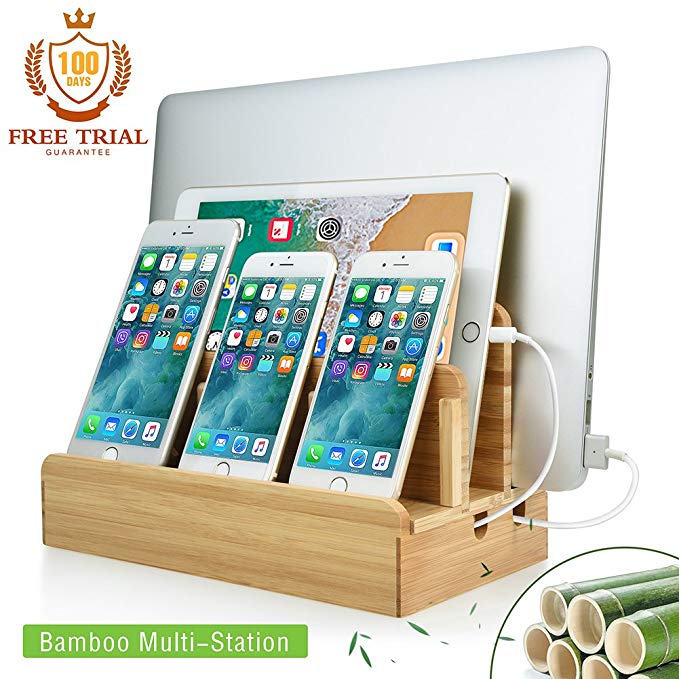 Bamboo USB Charging Station Stand & Organizer - iOS & Android Charging Station for Multiple Devices - Gift Giving for Smart Phone Tablets & Smart-Devices