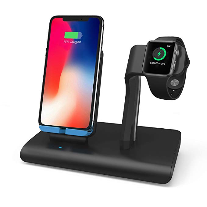 Charger Stand For Apple Watch Qi Wireless Charging Dock For iPhone X Station Holder, Support iPhone X/8/8 Plus & Samsung Galaxy S9/S9 Plus/Note 8, Support Apple Watch Series 3/2/1 & Nike, Black