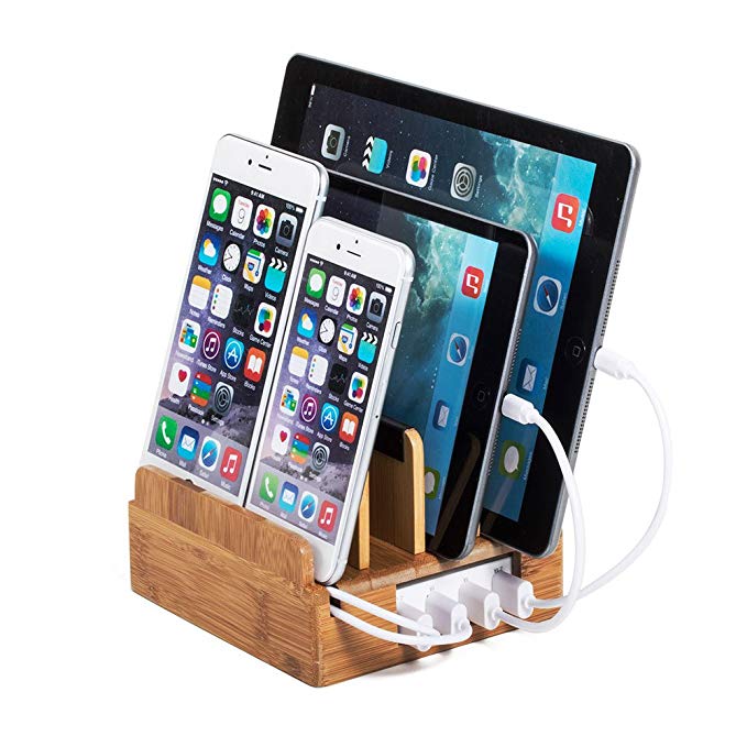 G.U.S Compact Charging Station, Detachable Universal Multi-Port USB Charging Station Desktop and Bedside Charging Stand Organizer. Eco-Friendly Bamboo PLUS Cable Ties & Set of 4 Cables