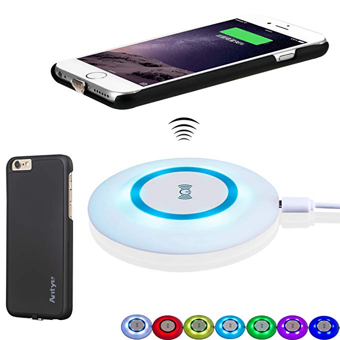 Antye Qi Wireless Charger Kit for iPhone 6 Plus/6S Plus - Including Qi Wireless Charging Pad and Wireless Charging Receiver Case, with Sleep-Friendly 7-Color LED Indicator Light (Black_White)