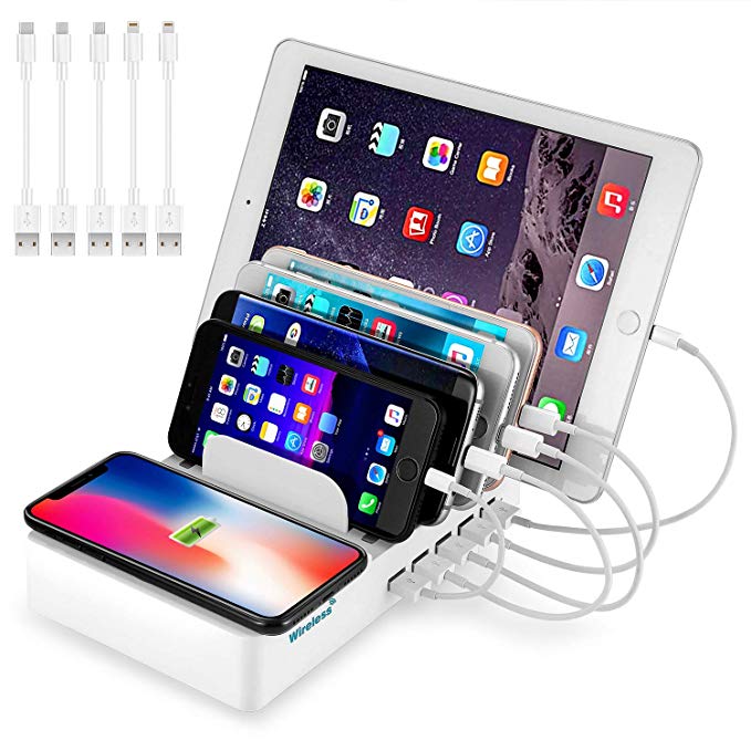 Qi Wireless Charger, LYMMC Charging Stand Multi Device Charging Station with 5 USB Power Ports for iPhone X/iPhone 8/iPhone 8 Plus/Smartphone/iPad Tablets (White)
