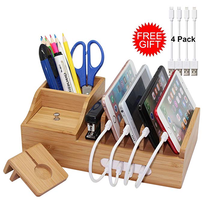 Pezin & Hulin Bamboo Charging Station, Multiple Devices Organizer for Phones,Tablet, Office Desktop Wooden Docking Stations (Include 4 x Charger Cable), Storage Box Stand for Pen, Key, Remote