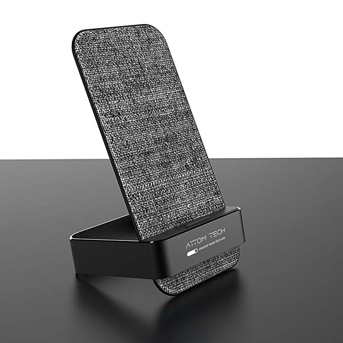 Attom Tech Fast Wireless Charger Stand 7.5W for iPhone X 8 Plus, 10W for Samsung Galaxy S9/S9 Plus S8/Note 8/5/S7, 5W for All other Qi Devices; Aluminum Canvas Fabric Wireless Charging Station Base