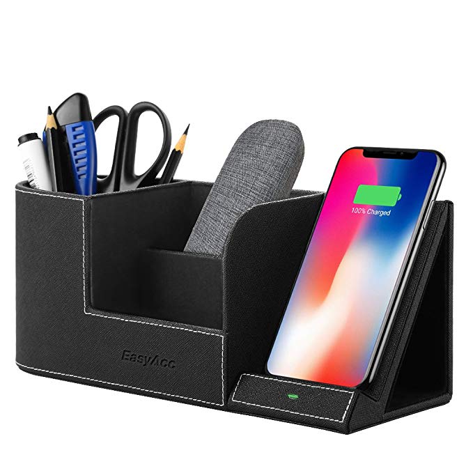 EasyAcc Wireless Charger with Desk Organizer, Qi-Certified Wireless Charging Station for iPhone X/8/8 Plus and Samsung S7/S7 Edge/S8/S8 Plus/S9/S9 Plus/Note 8 and More, Storage Caddy Pen Pad Holder