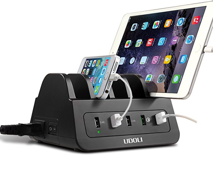 USB Charging Station, 5-Port Quick Charger Desktop Charging Stand Organizer 60W With 2 AC Outlets Charging Station Dock Ideal Dorm & Home USB Charging Hub for Multiple Device Apple iPad iPhone Samsung