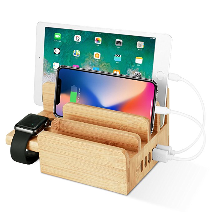 Upow 5-Port USB Charging Station Dock with Apple Watch Stand Bamboo Multi Device Organizer for Fast Charging Smart Phones, Tablets - iPhone, iPad, Samsung Galaxy and Others