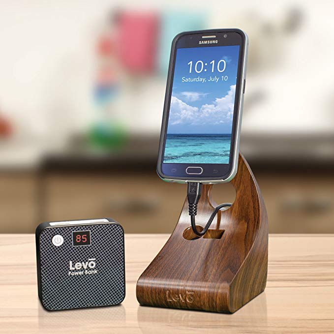 LEVO Charger and Cradle for All Smartphones - Non-Retail Packaging - Espresso Wood Grain      