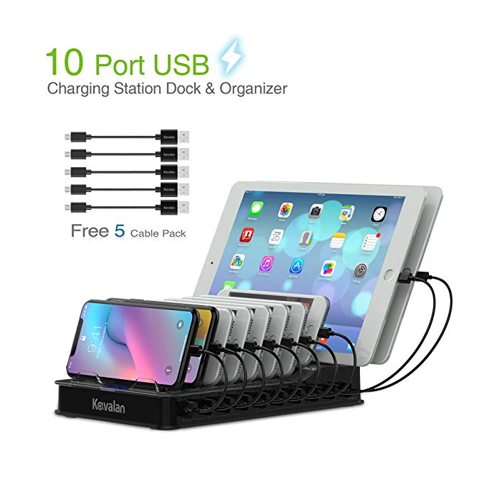 Kavalan 10 Port USB Charging Station Dock & Organizer, Universal Desktop Tablet & Smartphone Multi-Device 10 Port USB Charger Hub with Auto Detect Smart Rapid Charging Technology